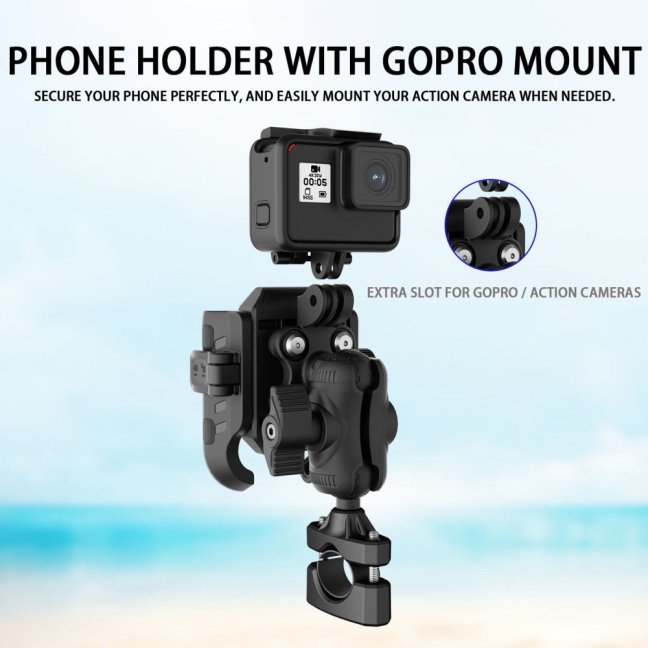 Držák pro mobil na motorku s antiotřesovým adaptérem rychlopojistkou a držákem na gopro kameru