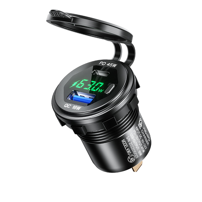 Zásuvka na motorku 12v s voltmetrem do panelu s vypínačem, vodotěsná, USB a USB-C PD , 63W, rychlonabíjení - Barva číslic voltmetru: Modrá
