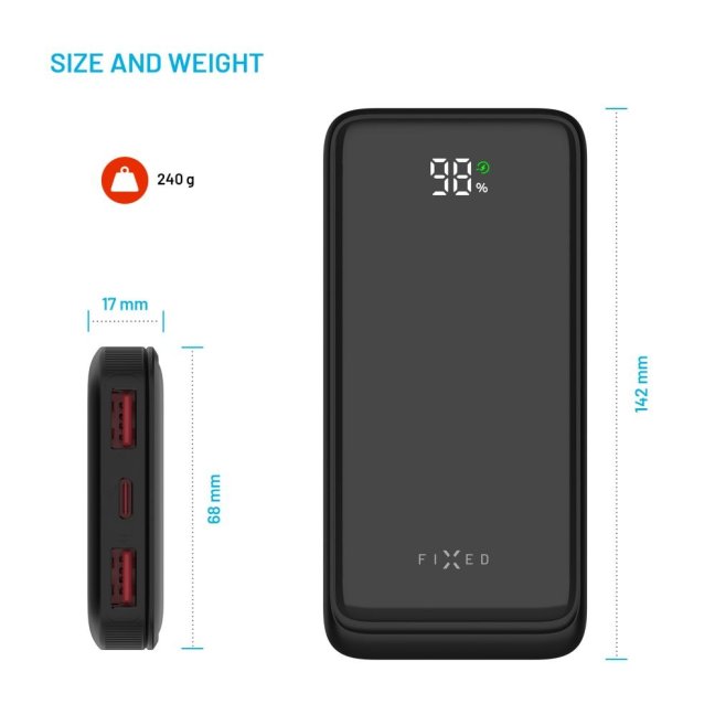 Powerbanka FIXED Zen2 10 s LCD displejem a výstupem PD 20W, 10 000 mAh, černá