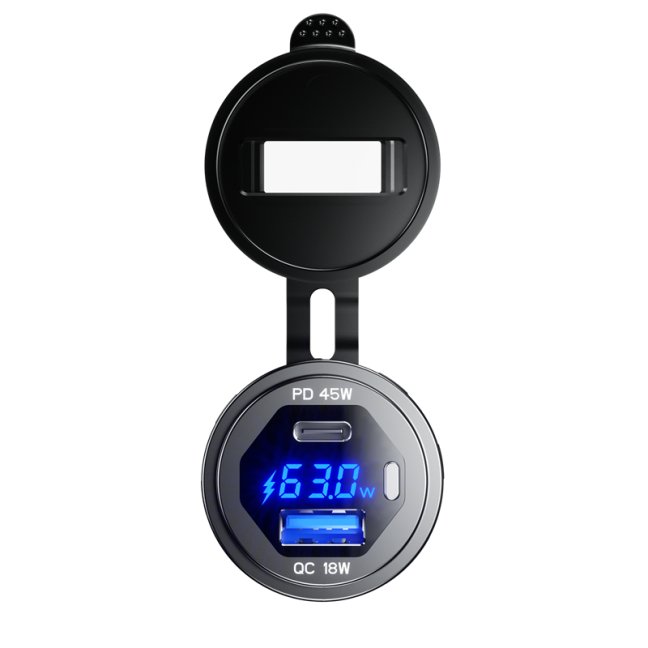 Zásuvka na motorku 12v s voltmetrem do panelu s vypínačem, vodotěsná, USB a USB-C PD , 63W, rychlonabíjení - Barva číslic voltmetru: Modrá
