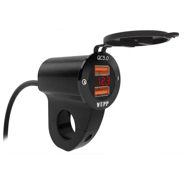 Zásuvka na motorku na řidítka s externím vypínačem 12v 2xUSB 18w s quickcharge 3.0 ultrarychlým nabíjením
