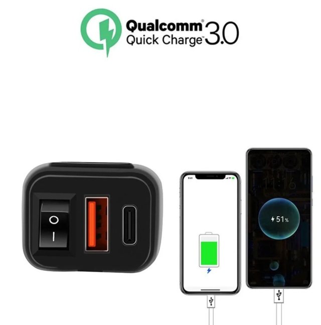 Zásuvka COMPACT2 na motorku 12v s vypínačem, voltmetrem, 1xUSB-A a 1xUSB-C, QuickCharge 3,4A, kompaktní 2 - Barva voltmetru zásuvky: červené číslice voltmetru