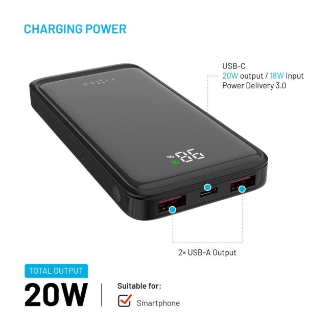 Powerbanka FIXED Zen2 10 s LCD displejem a výstupem PD 20W, 10 000 mAh, černá