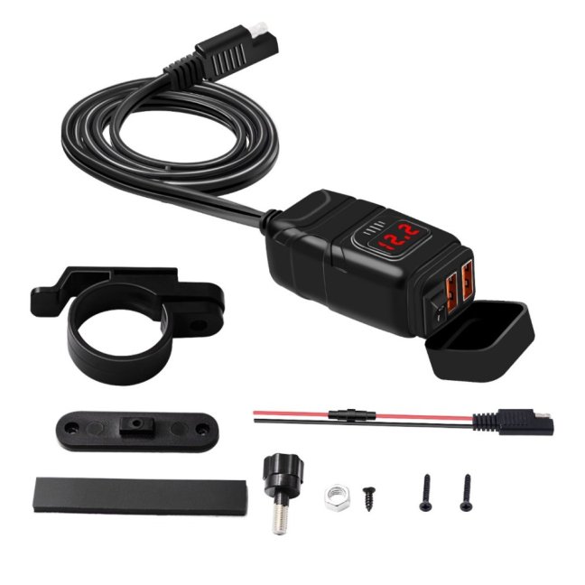 Zásuvka na motorku 12v s vypínačem, voltmetrem, 2xUSB, QuickCharge 3,4A, kompaktní - Barva voltmetru zásuvky: červené číslice voltmetru