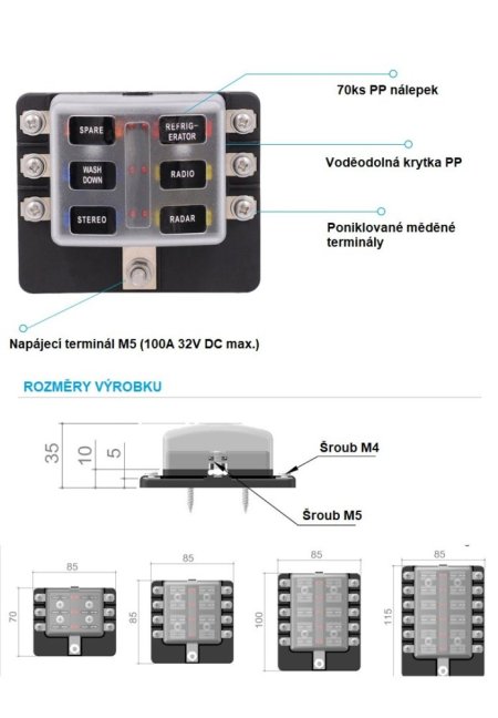 Pojistkové pouzdro - pro 10ks nožových autopojistek MIDI LED indikátor