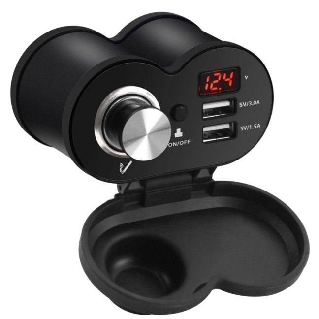 Retro zásuvka na motorku 12V s 2x USB 4,5A,  Voltmetr,  Vypínač,  Pojistka