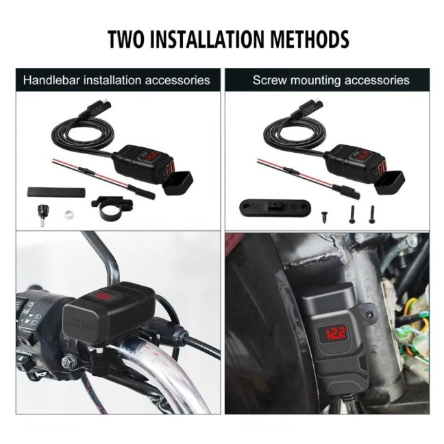 Zásuvka COMPACT2 na motorku 12v s vypínačem, voltmetrem, 1xUSB-A a 1xUSB-C, QuickCharge 3,4A, kompaktní 2 - Barva voltmetru zásuvky: červené číslice voltmetru