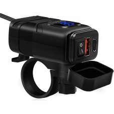 Zásuvka COMPACT2 na motorku 12v s vypínačem, voltmetrem, 1xUSB-A a 1xUSB-C, QuickCharge 3,4A, kompaktní 2