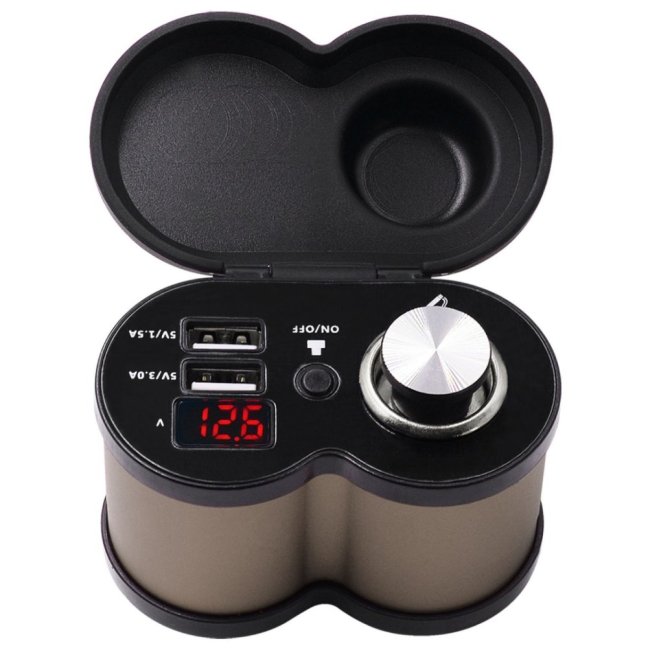 Retro zásuvka na motorku 12V s 2x USB 4,5A,  Voltmetr,  Vypínač,  Pojistka