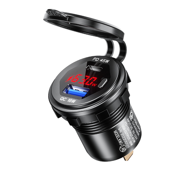 Zásuvka na motorku 12v s voltmetrem do panelu s vypínačem, vodotěsná, USB a USB-C PD , 63W, rychlonabíjení - Barva číslic voltmetru: Modrá