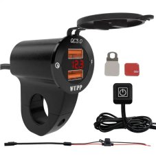 Zásuvka na motorku na řidítka s externím vypínačem 12v 2xUSB 18w s quickcharge 3.0 ultrarychlým nabíjením