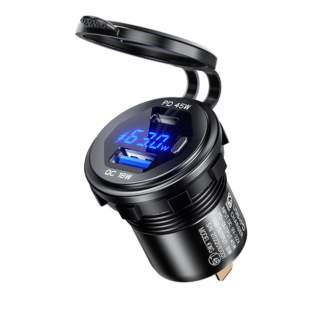 Zásuvka na motorku 12v s voltmetrem do panelu s vypínačem, vodotěsná, USB a USB-C PD , 63W, rychlonabíjení - Barva číslic voltmetru: Modrá
