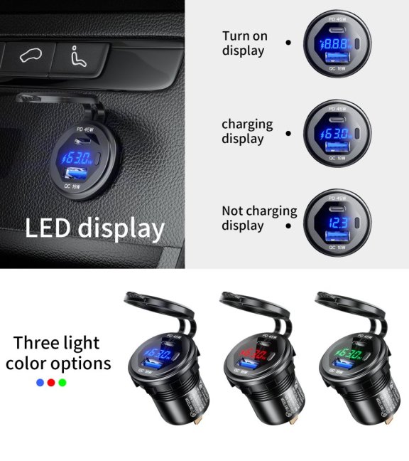 Zásuvka na motorku 12v s voltmetrem do panelu s vypínačem, vodotěsná, USB a USB-C PD , 63W, rychlonabíjení