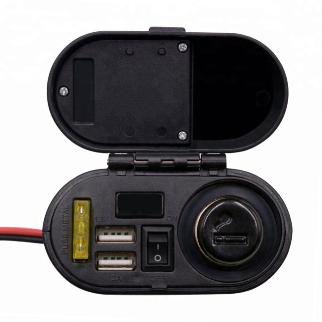 Retro zásuvka na motorku 12V 2x USB Voltmetr, Vypínač, Hodiny