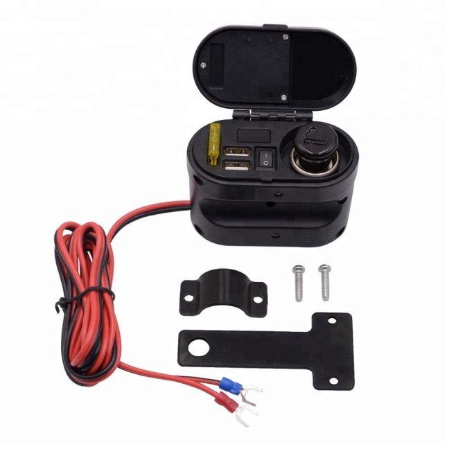 Retro zásuvka na motorku 12V 2x USB Voltmetr, Vypínač, Hodiny