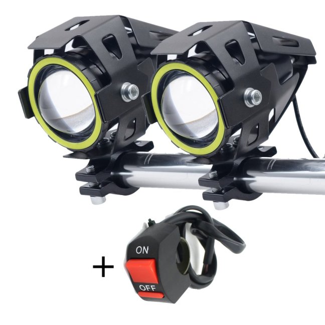 Přídavná LED světla na motorku U7 CREE - 2 KUSY + vypínač - REŽIMY: Dálkové + potkávací + stroboskop + kroužky Angel eyes