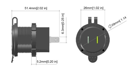 Zásuvka na motorku 12v s voltmetrem , vodotěsná, do panelu, 2xUSB, QuickCharge 3,4A. - Barva číslic voltmetru: zelená