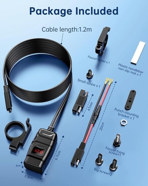 Zásuvka COMPACT2 na motorku 12v s vypínačem, voltmetrem, 1xUSB-A a 1xUSB-C, QuickCharge 3,4A, kompaktní 2 - Barva voltmetru zásuvky: červené číslice voltmetru