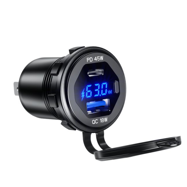 Zásuvka na motorku 12v s voltmetrem do panelu s vypínačem, vodotěsná, USB a USB-C PD , 63W, rychlonabíjení - Barva číslic voltmetru: Modrá