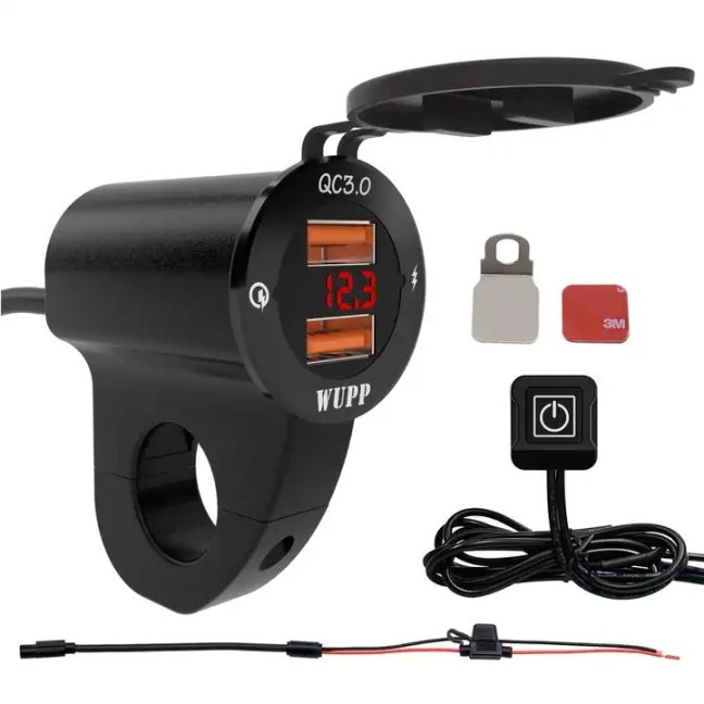 Zásuvka na motorku na řidítka s externím vypínačem 12v 2xUSB 18w s quickcharge 3.0 ultrarychlým nabíjením